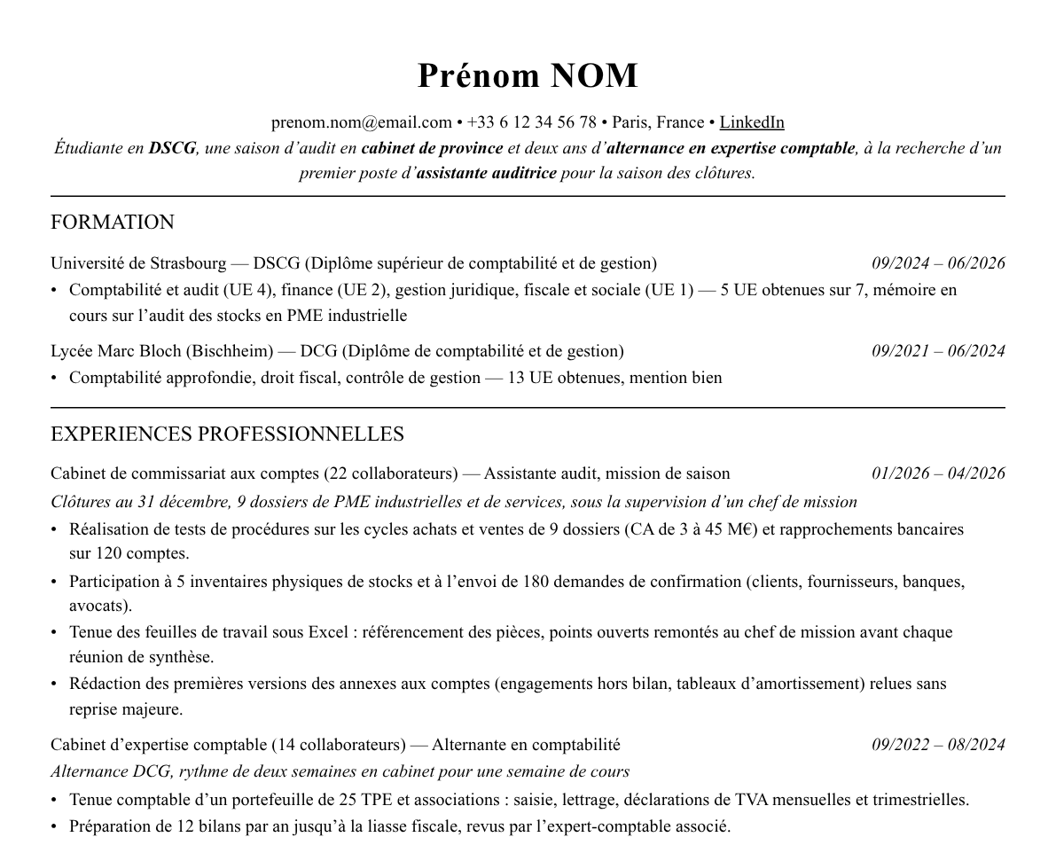 Aperçu : Exemple de CV Assistant auditeur