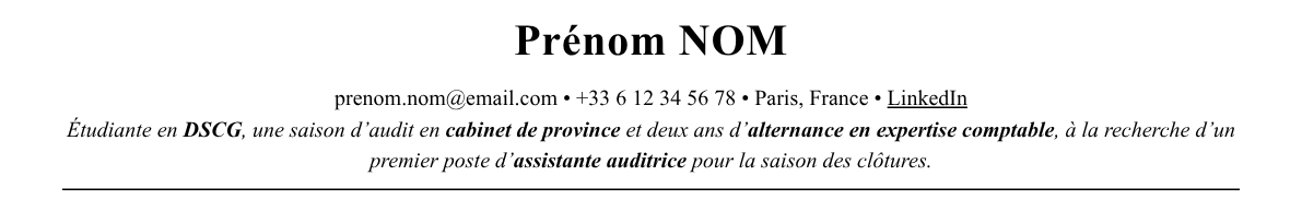 CV assistant auditeur : en-tête et accroche