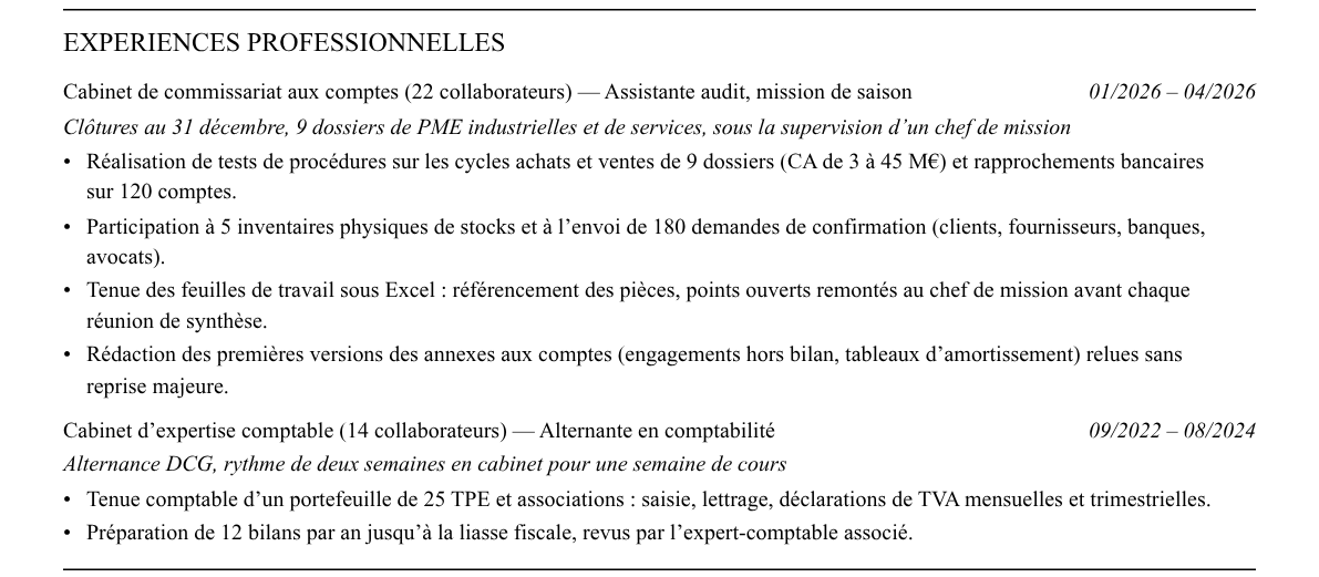 CV assistant auditeur : expériences