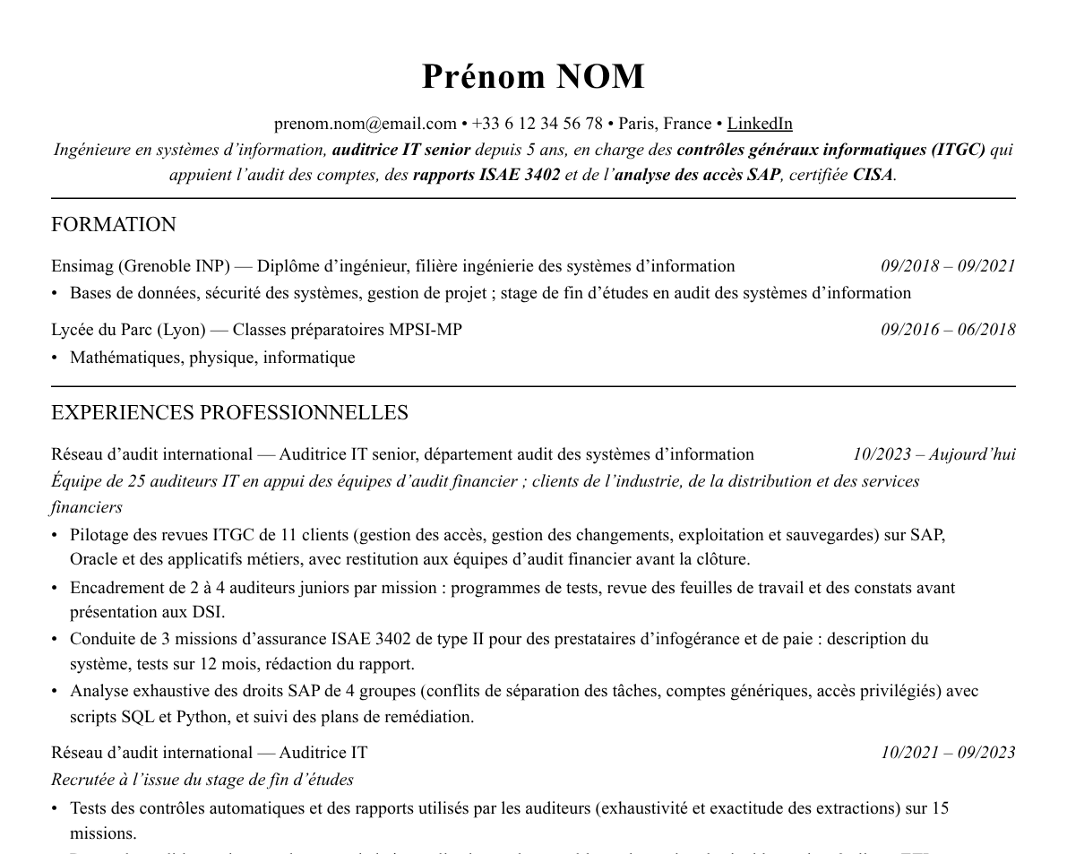 Aperçu : Exemple de CV Auditeur IT