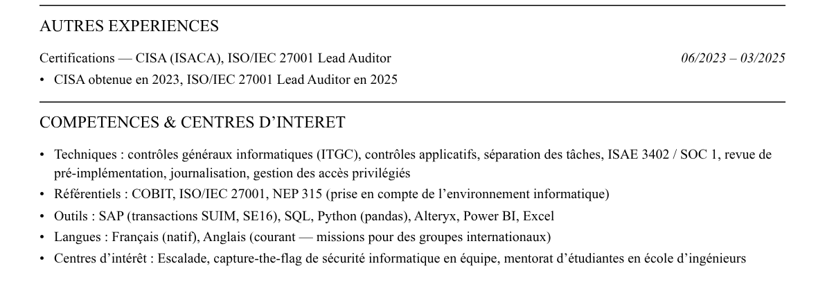 CV auditeur it : compétences et centres d’intérêt