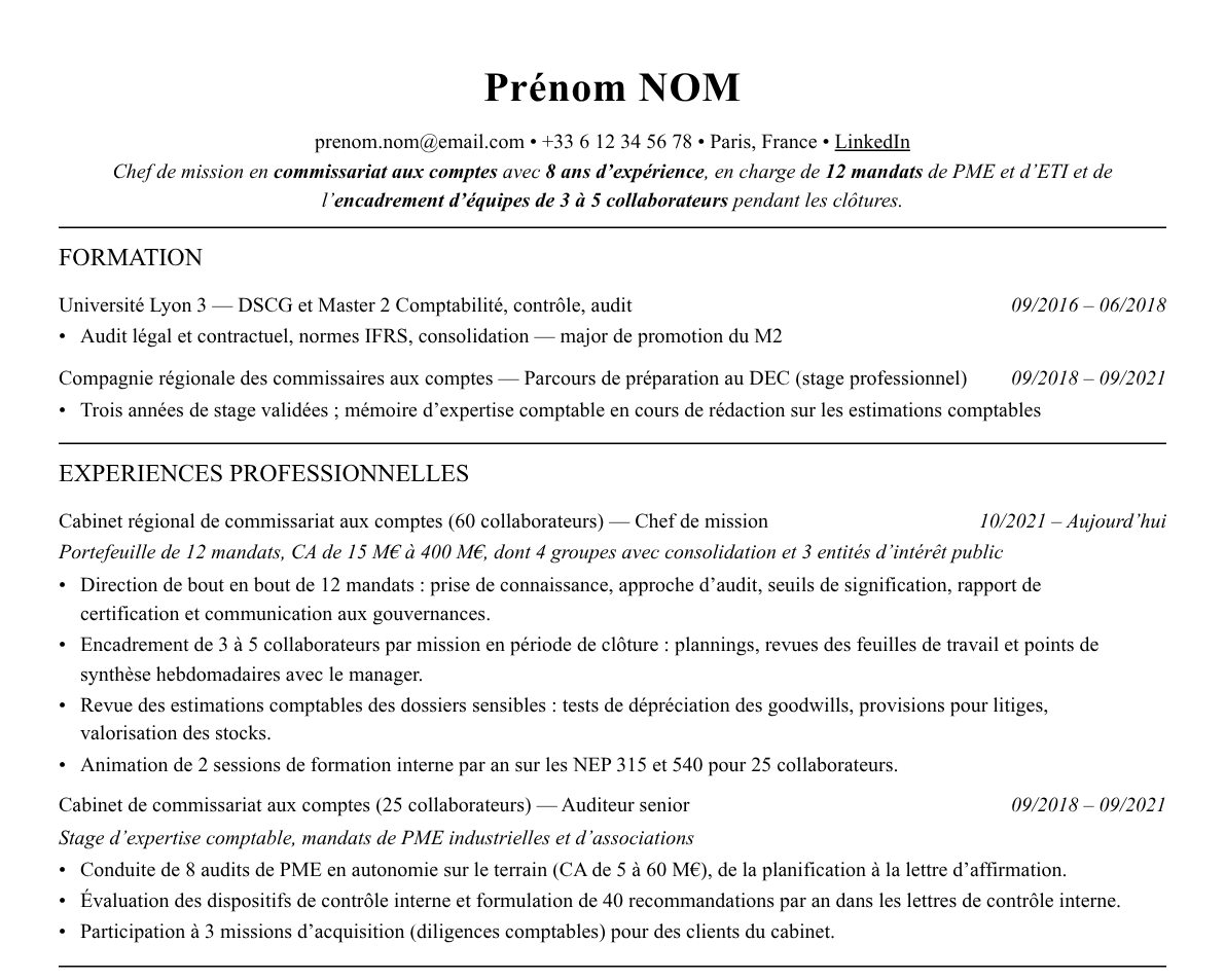 Aperçu : Exemple de CV Chef de mission audit