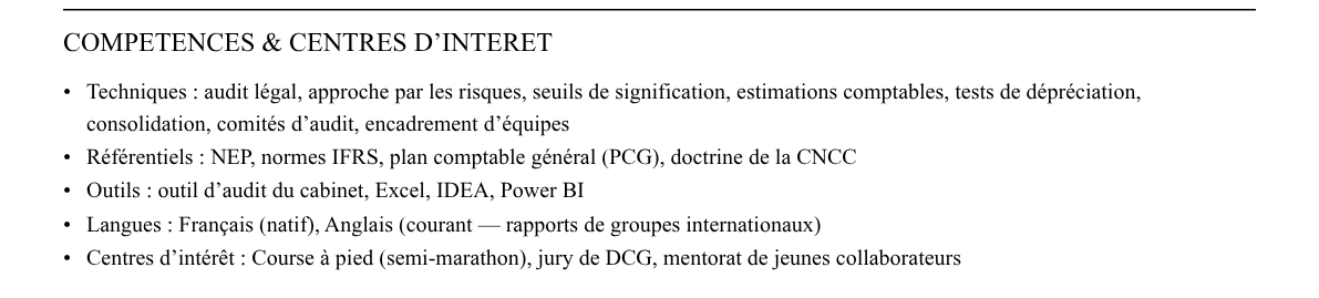 CV chef de mission audit : compétences et centres d’intérêt