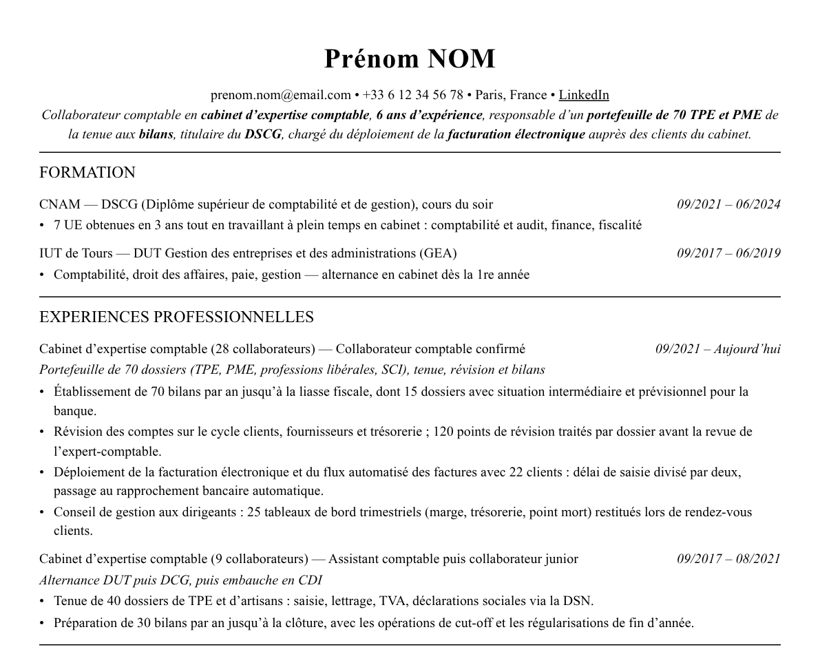 Aperçu : Exemple de CV Collaborateur comptable en cabinet