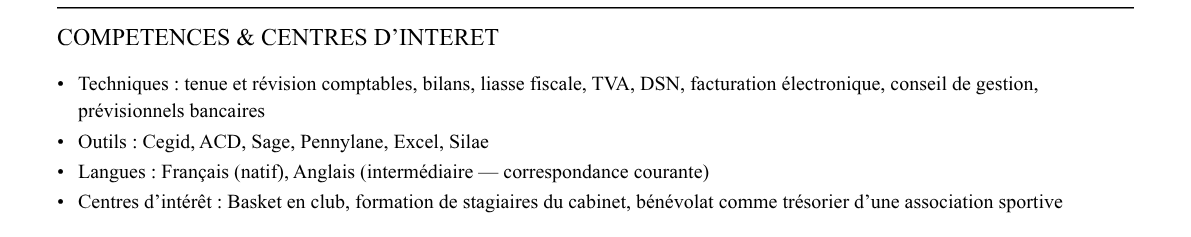 CV collaborateur comptable en cabinet : compétences et centres d’intérêt