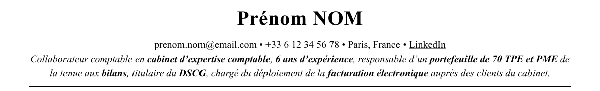 CV collaborateur comptable en cabinet : en-tête et accroche