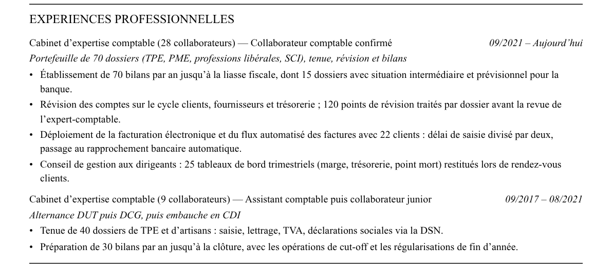 CV collaborateur comptable en cabinet : expériences