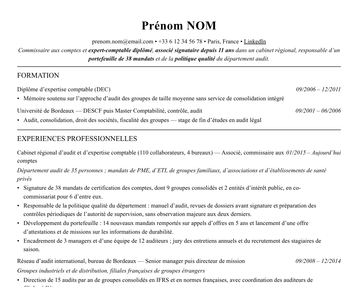 Aperçu : Exemple de CV Commissaire aux comptes associé