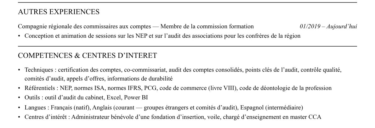 CV commissaire aux comptes associé : compétences et centres d’intérêt