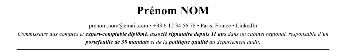 CV commissaire aux comptes associé : en-tête et accroche