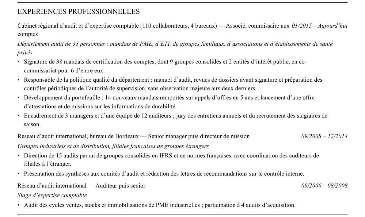 CV commissaire aux comptes associé : expériences