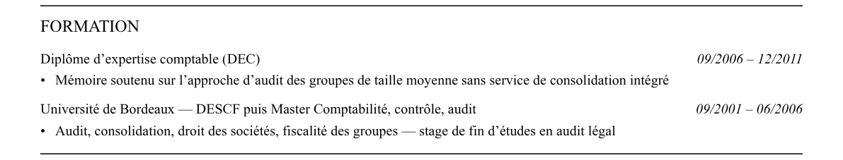 CV commissaire aux comptes associé : formation