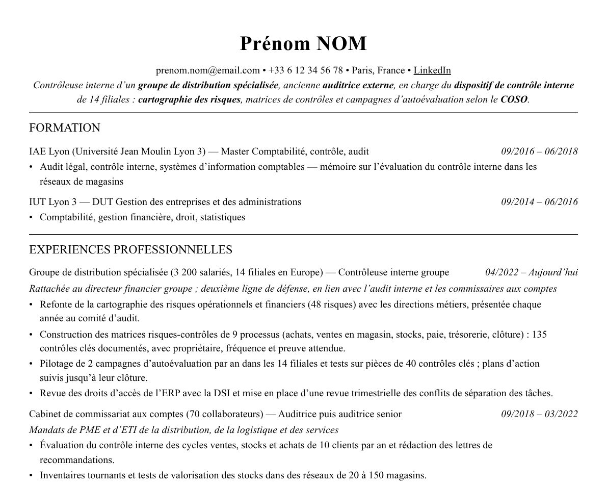 Aperçu : Exemple de CV Contrôleur interne