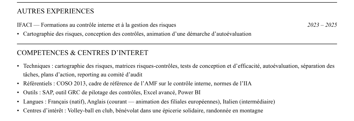 CV contrôleur interne : compétences et centres d’intérêt