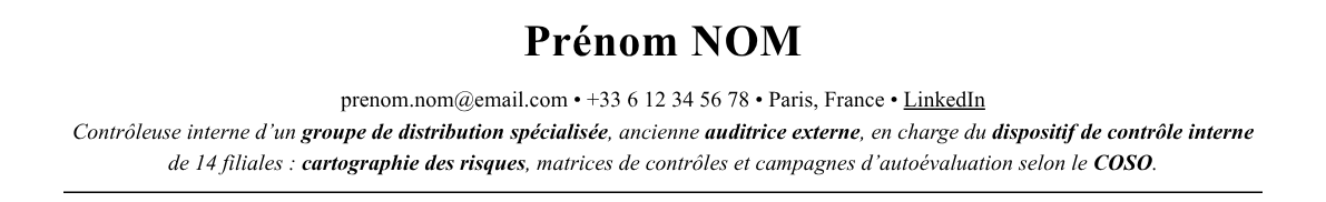 CV contrôleur interne : en-tête et accroche