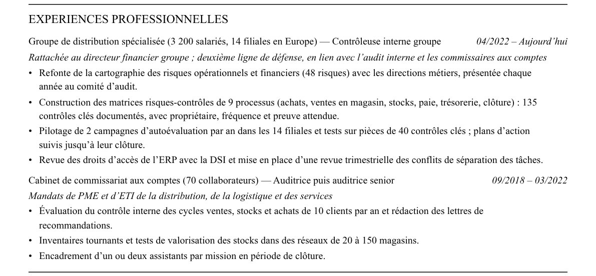 CV contrôleur interne : expériences