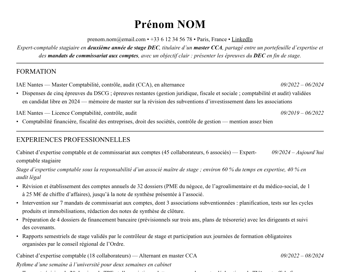 Aperçu : Exemple de CV Expert-comptable stagiaire