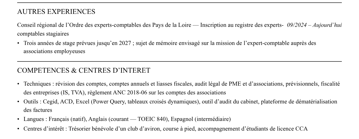 CV expert-comptable stagiaire : compétences et centres d’intérêt