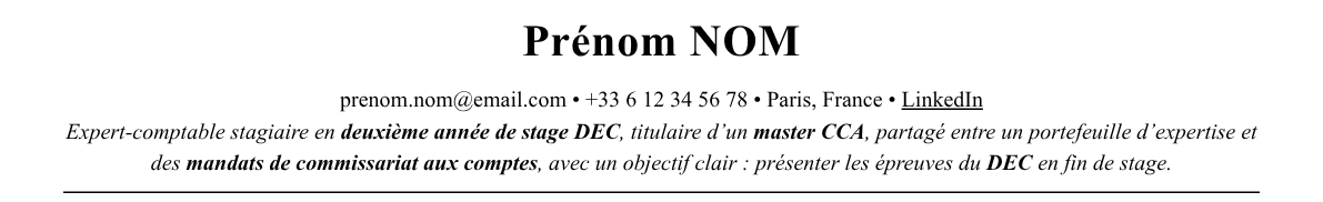 CV expert-comptable stagiaire : en-tête et accroche