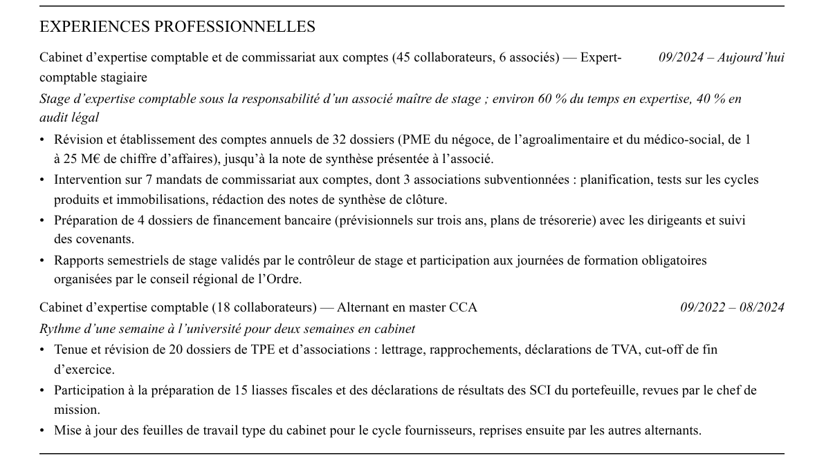 CV expert-comptable stagiaire : expériences