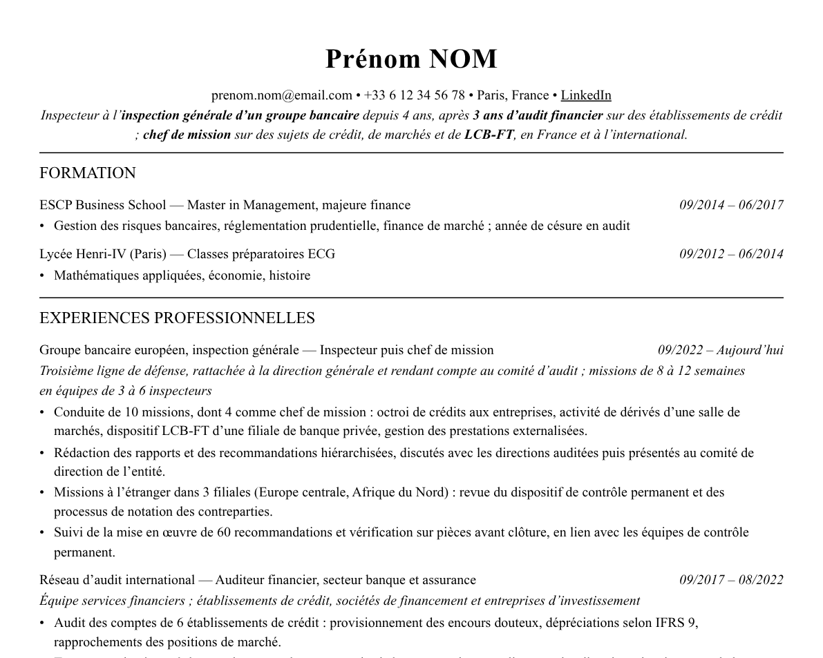 Aperçu : Exemple de CV Inspecteur en banque