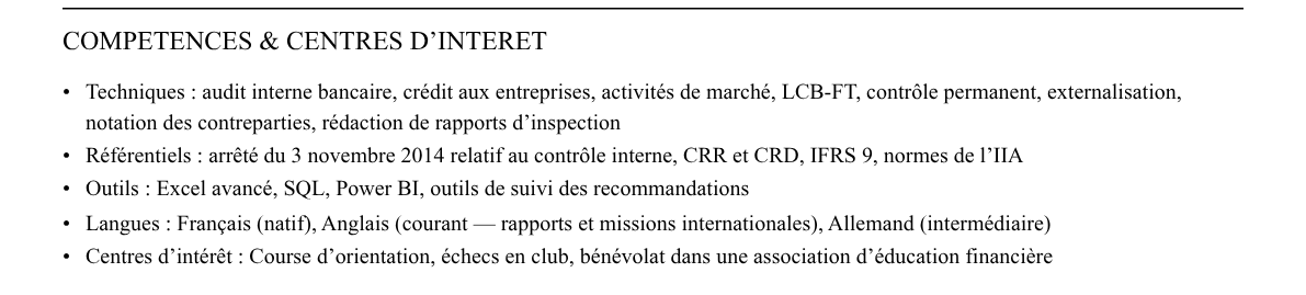 CV inspecteur en banque : compétences et centres d’intérêt