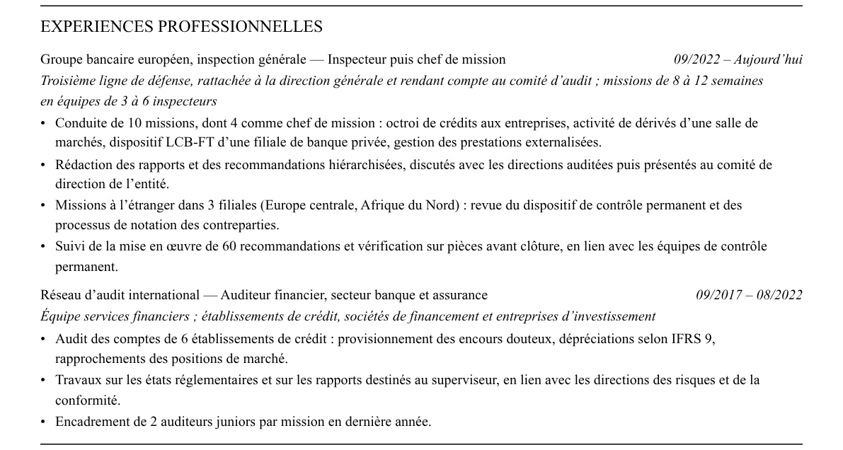 CV inspecteur en banque : expériences
