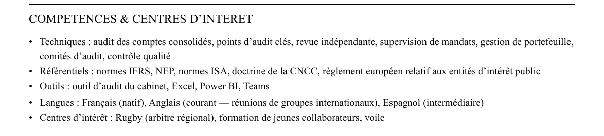 CV manager audit : compétences et centres d’intérêt
