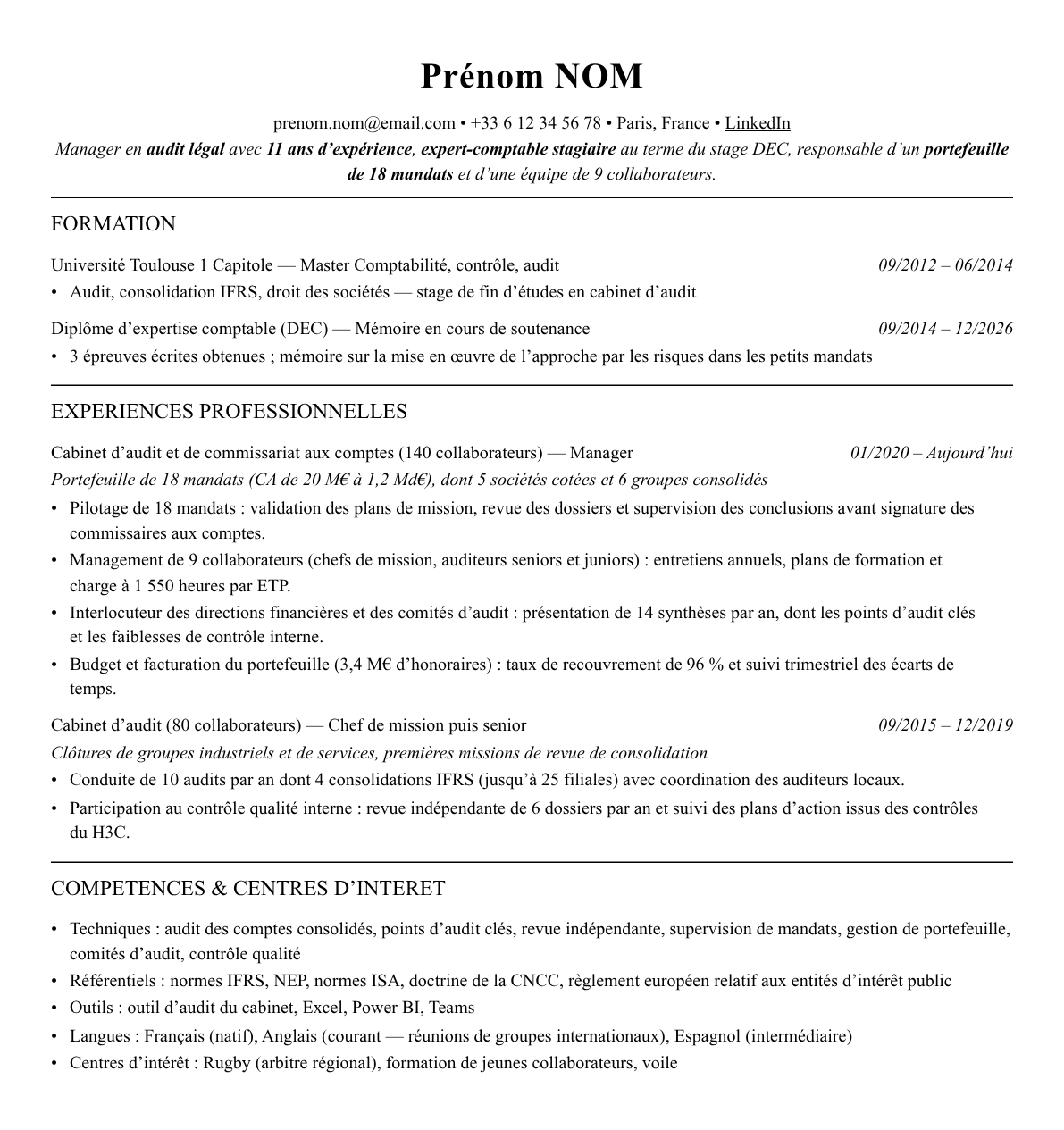 CV manager audit complet sur une page