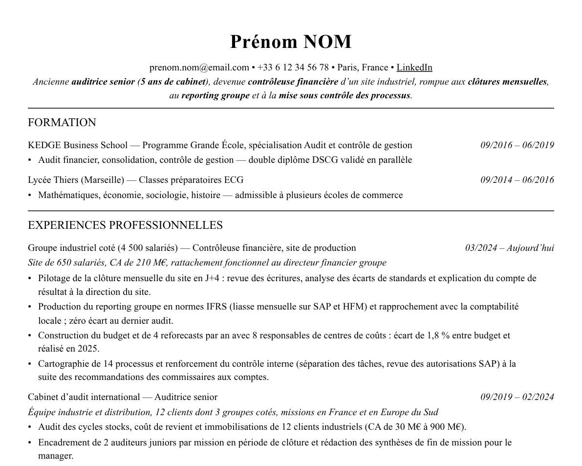 Aperçu : Exemple de CV Contrôleur financier (sortie d’audit)