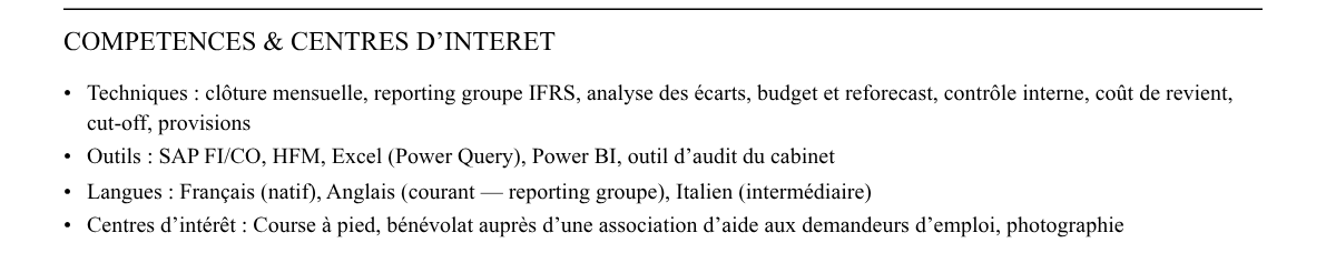 CV contrôleur financier (sortie d’audit) : compétences et centres d’intérêt