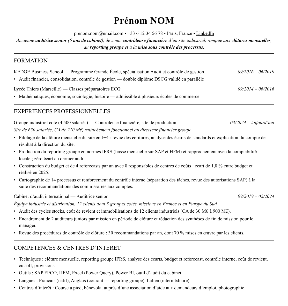 CV contrôleur financier (sortie d’audit) complet sur une page
