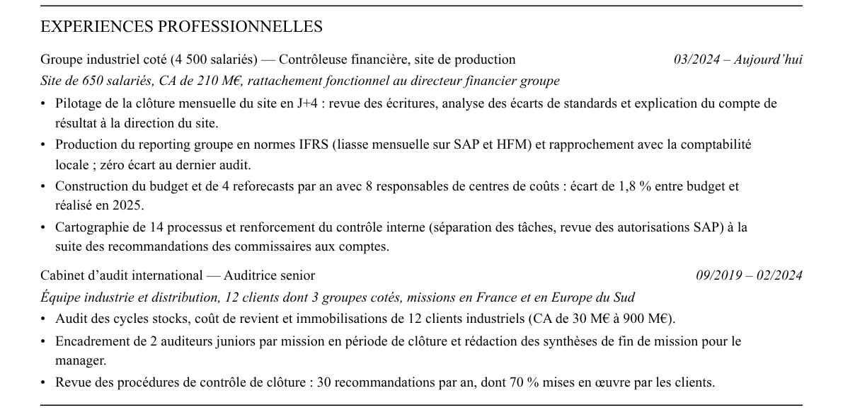 CV contrôleur financier (sortie d’audit) : expériences